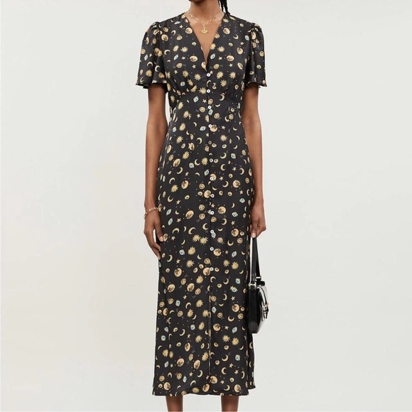 Never Fully Dressed Celestial Satin Moon Star Sun Button Up Maxi Dress Size 4 - Picture 1 of 8